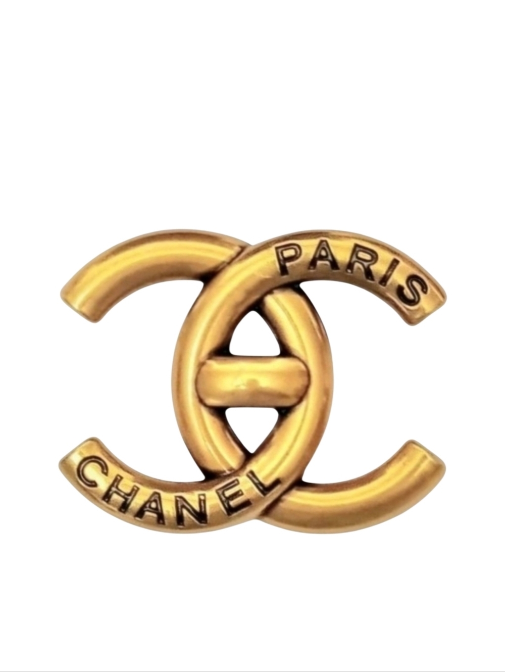 Chanel Paris Gold Plated Engraved Sign Logo Brooch Pin Unisex Authetic Designer